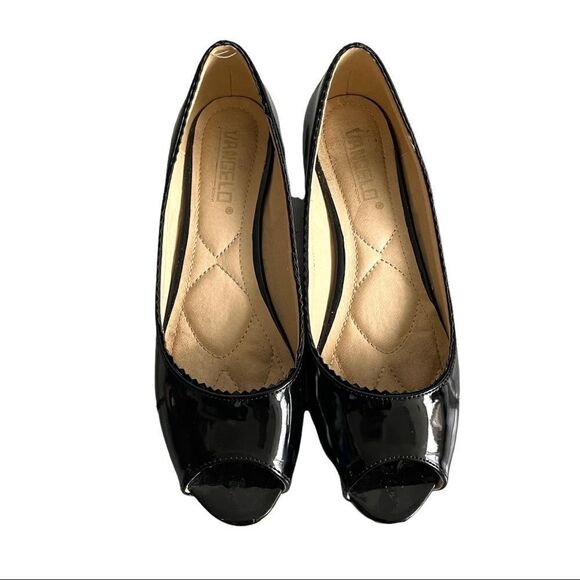 VANGELO DONNA Black Patent Leather Slip-On Wedge Peep Toe Shoes Scalloped 9 - Picture 4 of 15